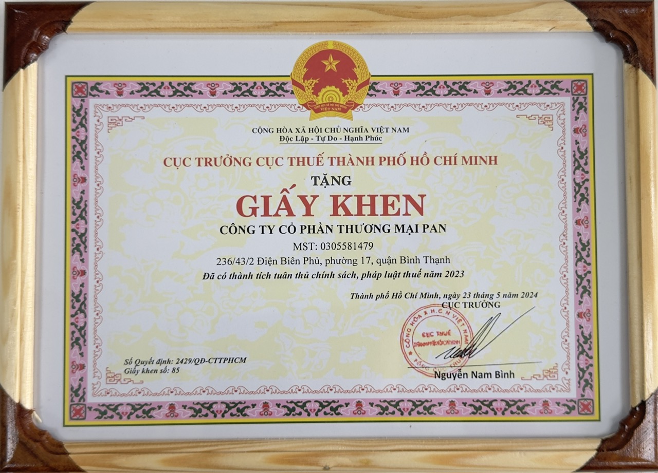 Pan Trading JSC vinh dự nhận giấy khen từ Cục Thuế TP. Hồ Chí Minh